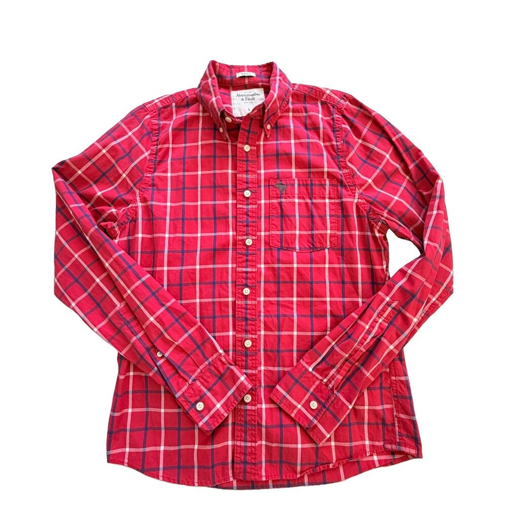 Abercrombie & Fitch Red Plaid Button Down Moose Logo L Y2K Mens Muscle